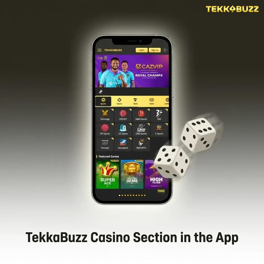 TekkaBuzz app casino section showing game categories including slots, live casino, table games, and crash games menu
