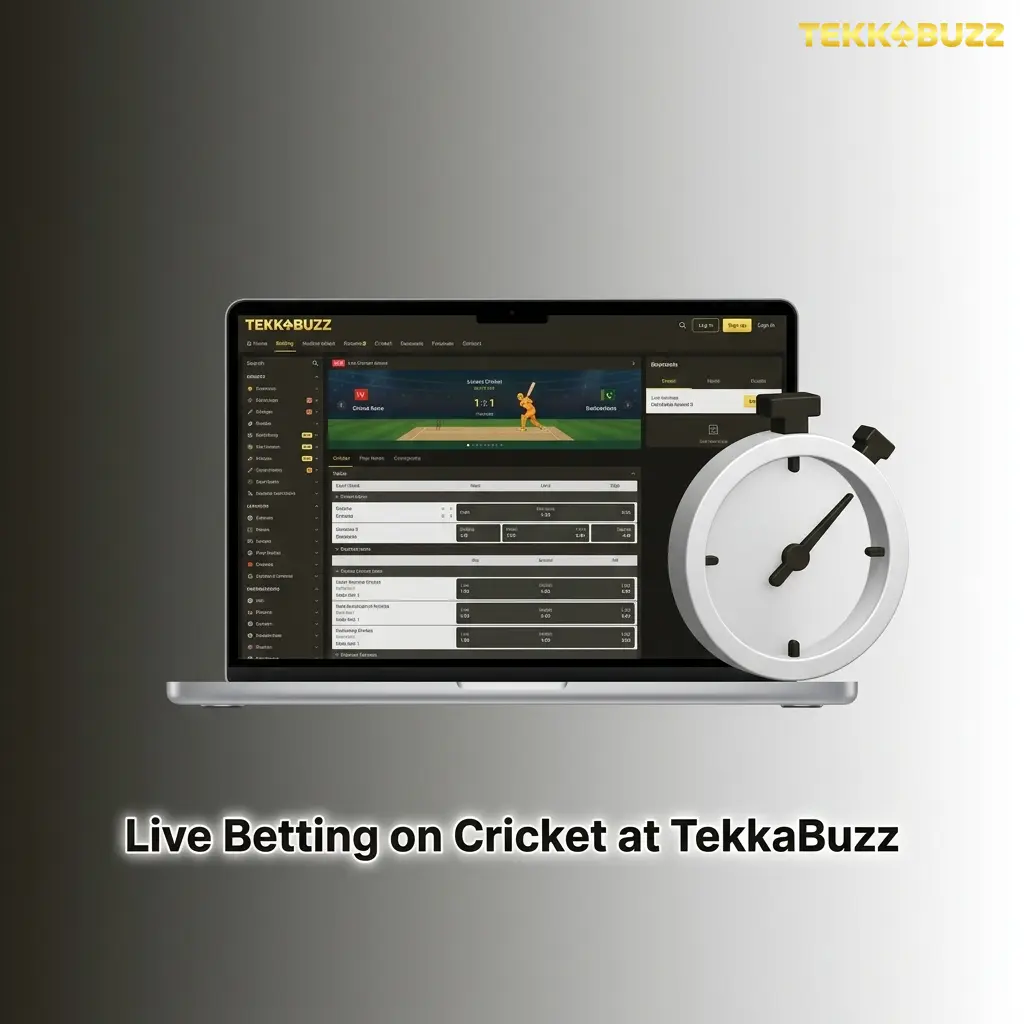 TekkaBuzz live cricket betting interface showing ball-by-ball odds updates, in-play markets, and real-time match statistics